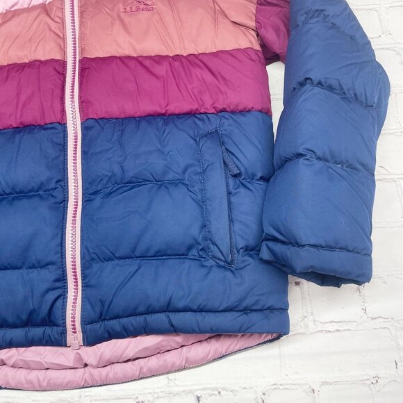 L.L. Bean Girls 8 Beans Down Puffer Jacket Colorblock Mauve Berry Winter Hooded - Picture 5 of 11